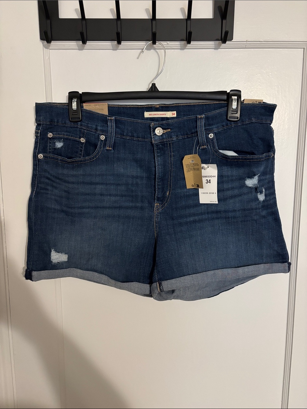 Levi's Dark Blue Distressed Roll-Cuff Jean Shorts